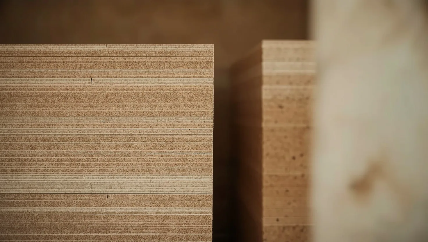 Pannelli isolanti naturali in fibra di legno e sughero accatastati in cantiere