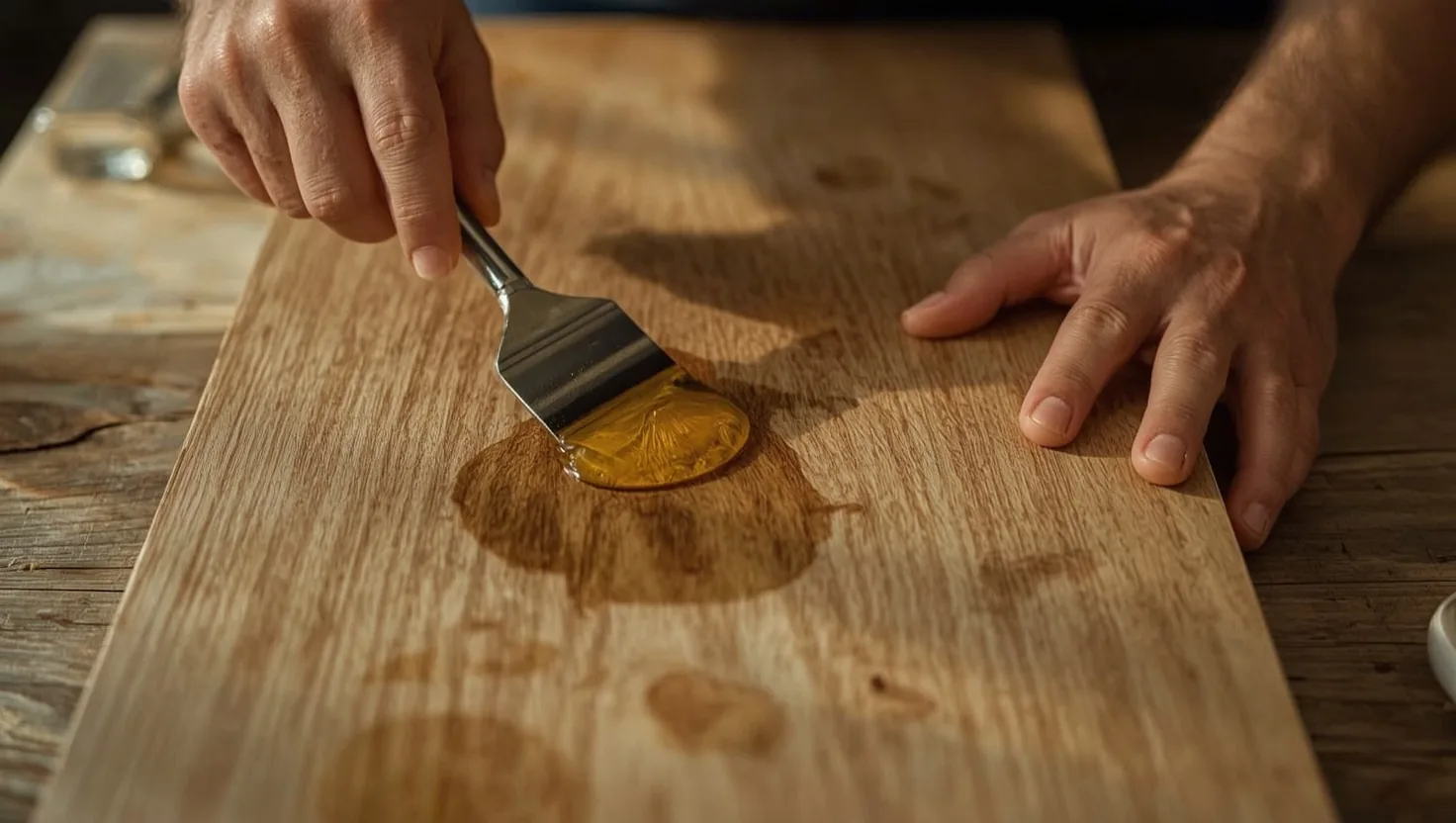 Applicazione di olio-cera con spatola su un listone di rovere spazzolato