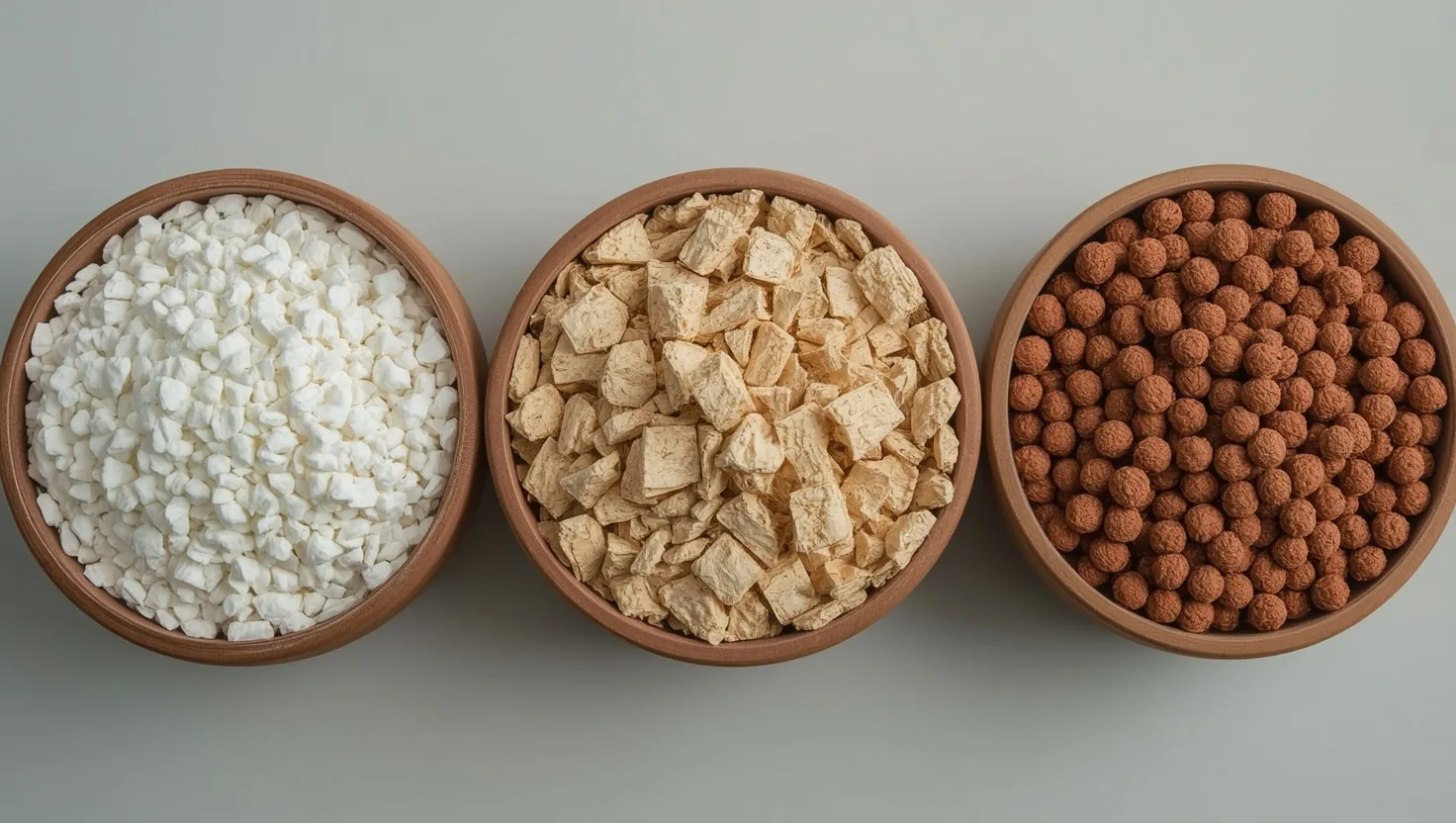 Perlite, vermiculite e argilla espansa a confronto in tre contenitori