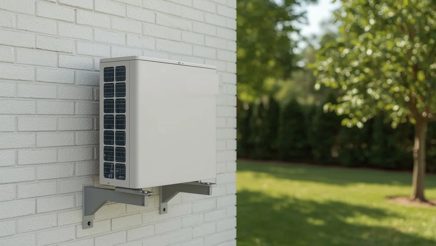 Unita esterna di una pompa di calore installata su staffe a parete